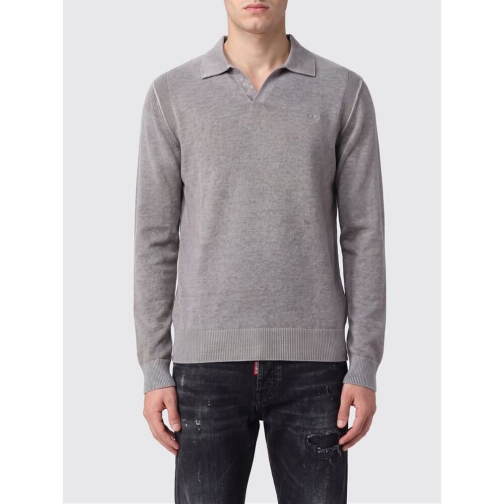 Diesel Men Long-Sleeved V-Neck Knit Polo Shirt Diesel In Cotton With Oval D Logo